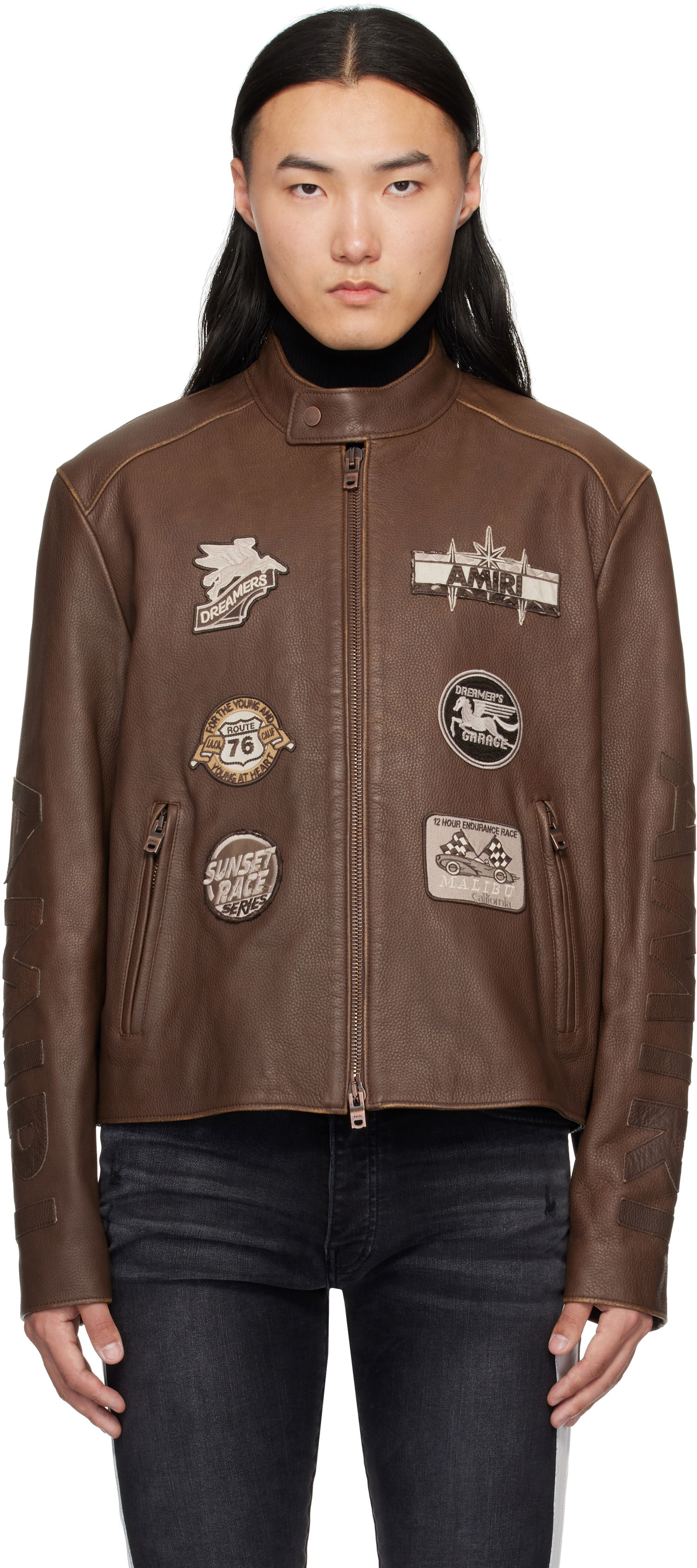 Bomber bunda AMIRI AMIRI Patch Racer Leather Jacket Hnedá | AMLTJT1021, 0