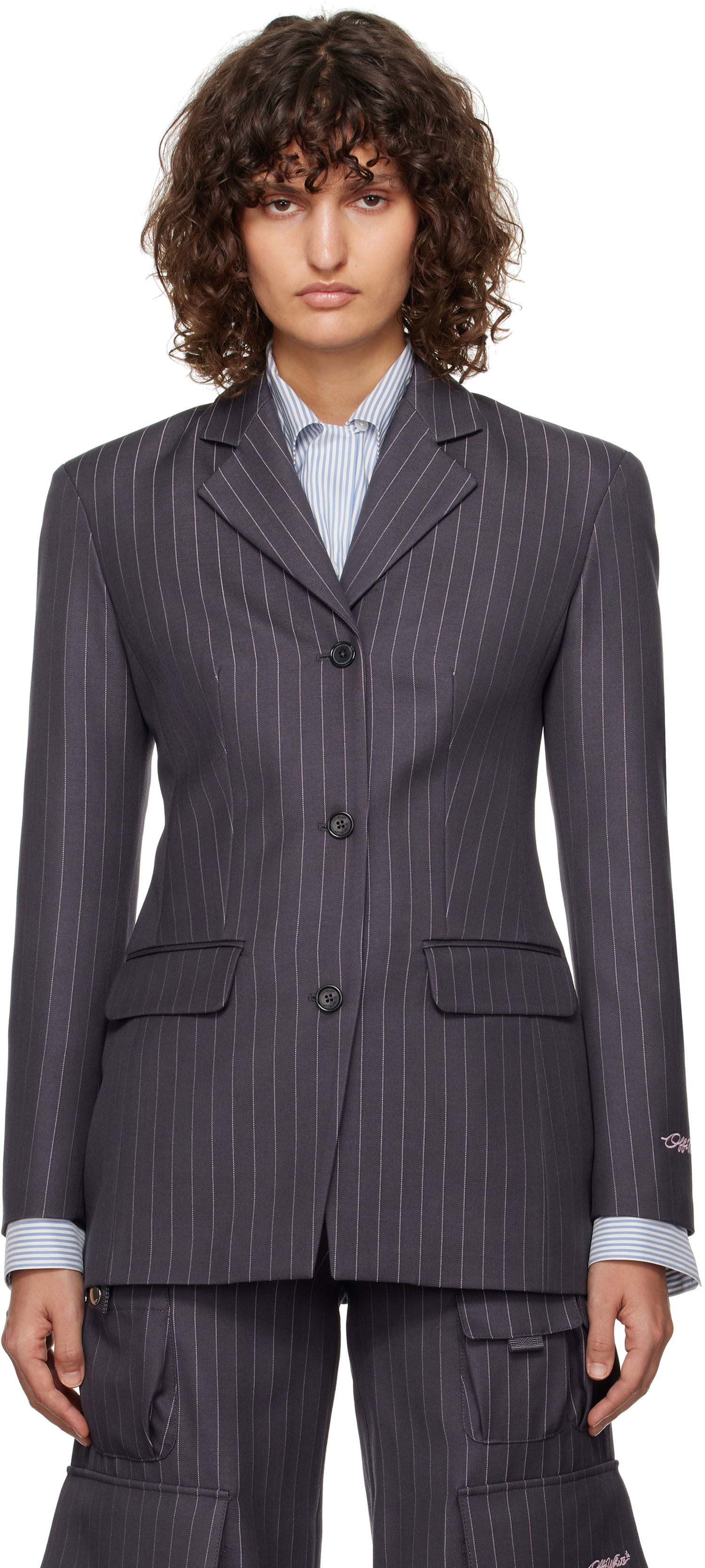 Kabáty Off-White Pinstripe Fitted Blazer Šedá | OWEF123F24FAB001073B, 0