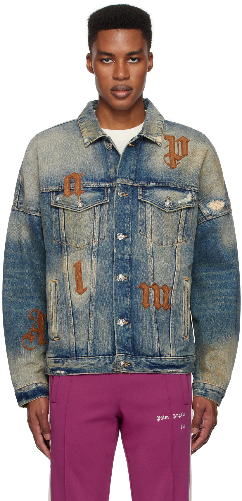 Bunda Palm Angels Oversize Logo Patches Denim Jacket Modrá | PMYE006F24DEN0014564