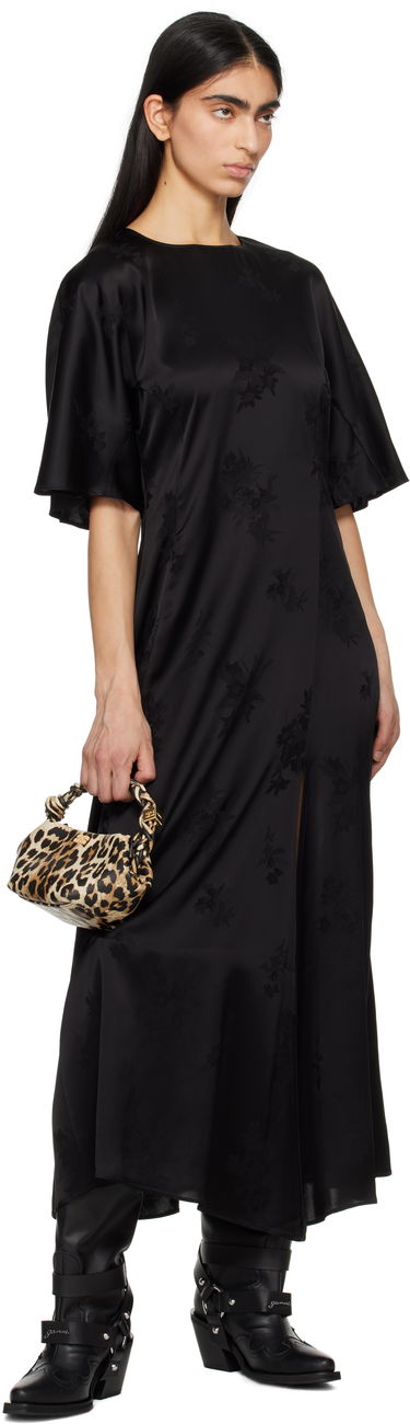 Šaty GANNI GANNI Fluid Satin Jacquard Slit Maxi Dress Čierna | W0255, 3