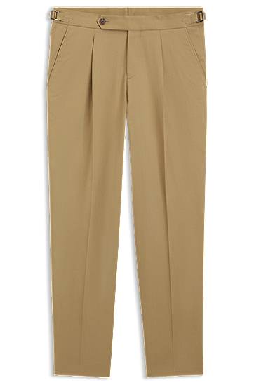 Nohavice BOSS Pleated Tapered-Fit Stretch Cotton Trousers Béžová | 50556704