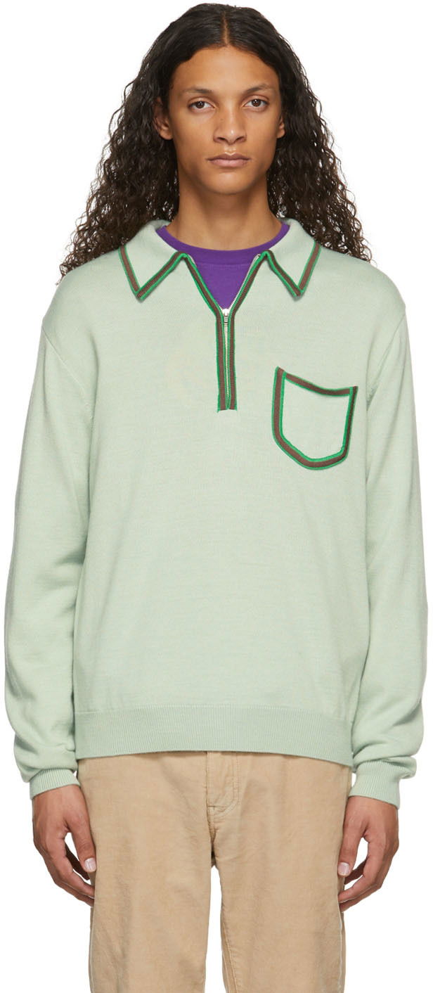 Polo tričko Awake NY Sweet Memory Long Sleeve Zip-Up Knit Polo with Contrast Trim Zelené | AWK-FW21-KN005