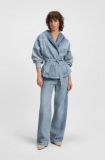 Bunda BOSS Denim Peplum Jacket with Belt Modrá | 50554678, 1