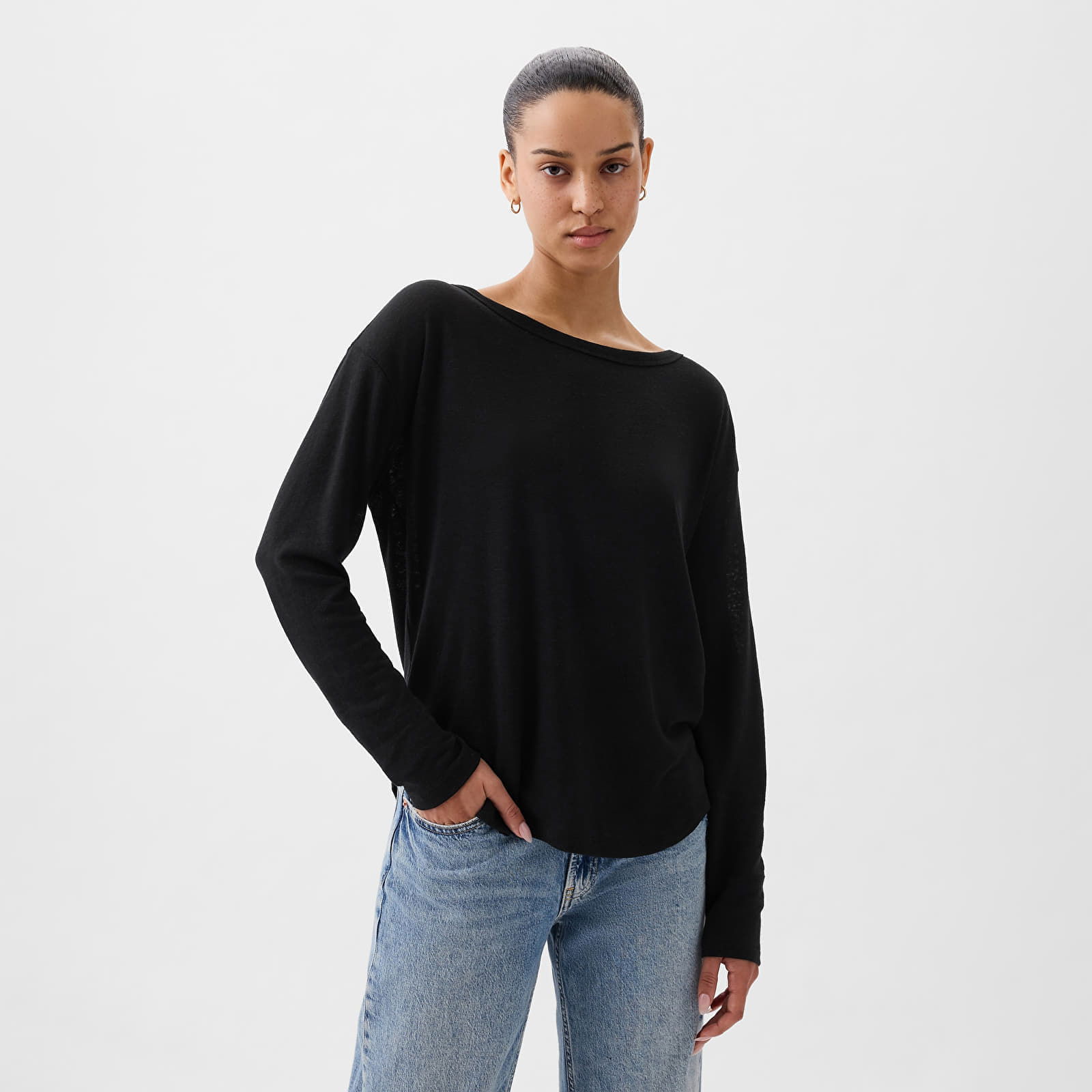 Top Longsleeve Linen Blend Boatneck Top Black