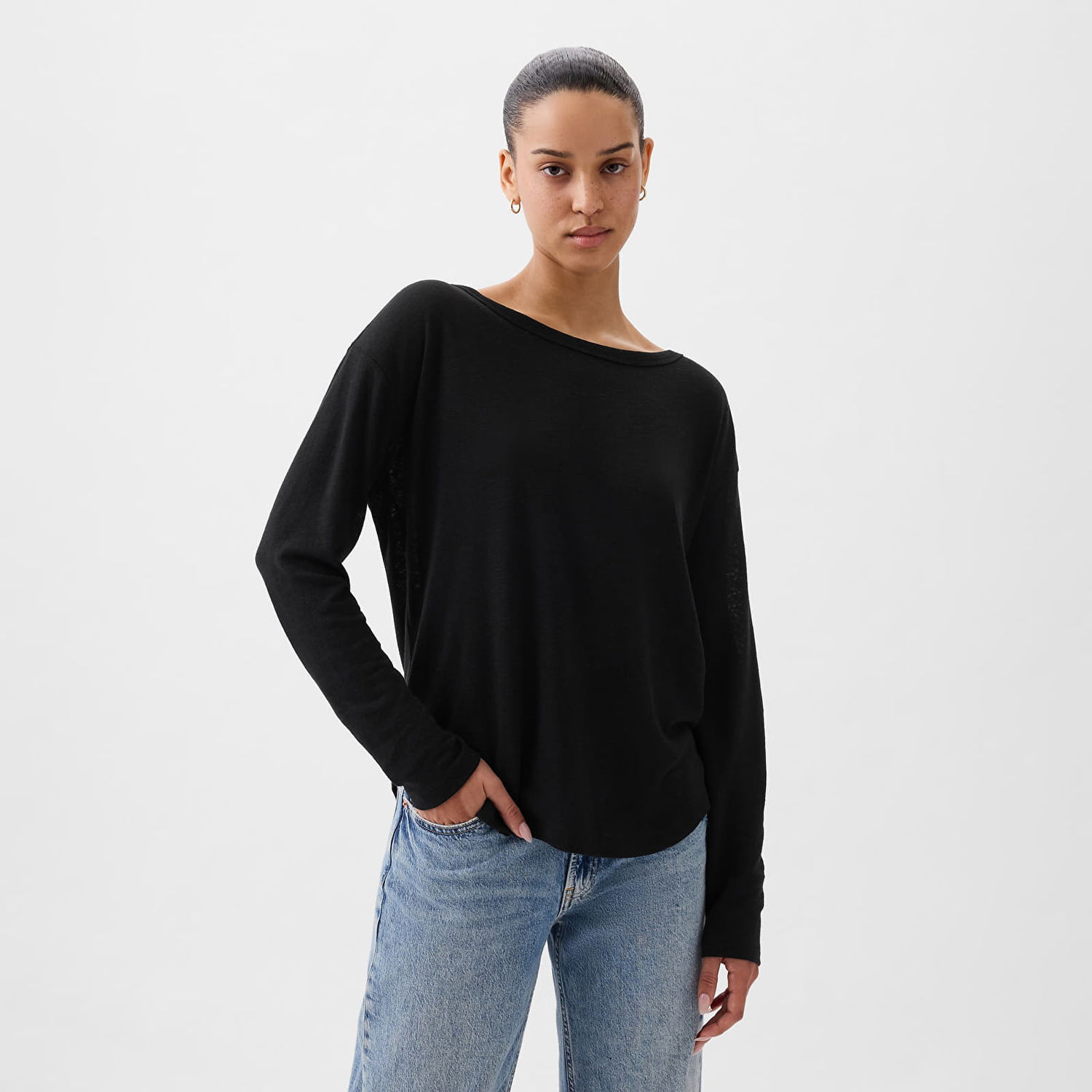 Tričko GAP Top Longsleeve Linen Blend Boatneck Top Black Čierna | 878218-01, 0