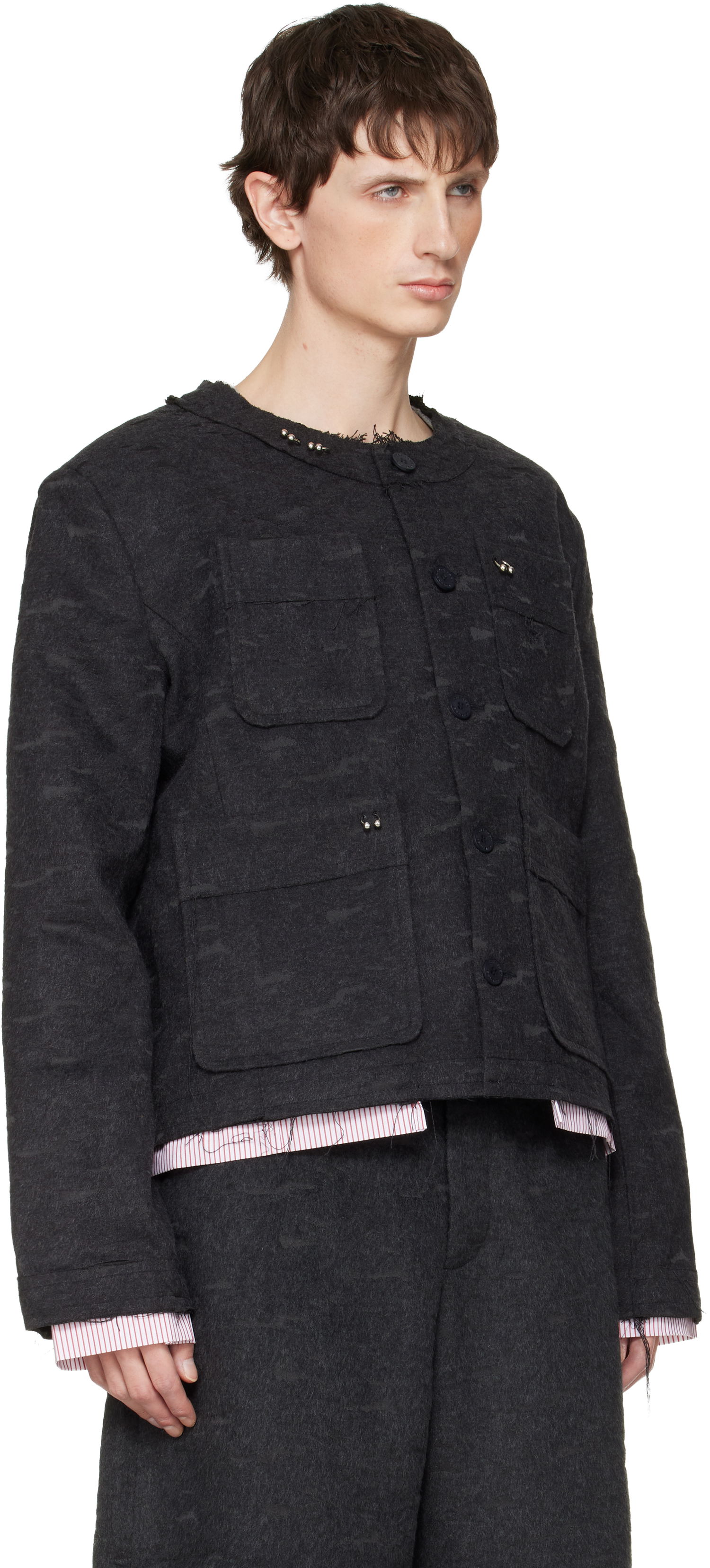 Bunda Charles Jeffrey Loverboy LOVERBOY Piercing Distressed Collarless Jacket Čierna | 052020301, 1