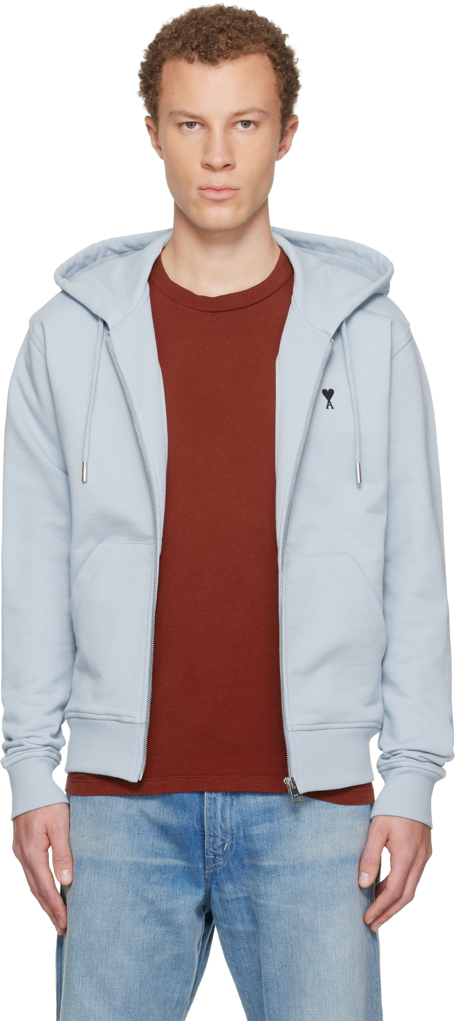 Mikina AMI Cotton Zipped Ami De Coeur Hoodie Modrá | E25HSW765.730, 0