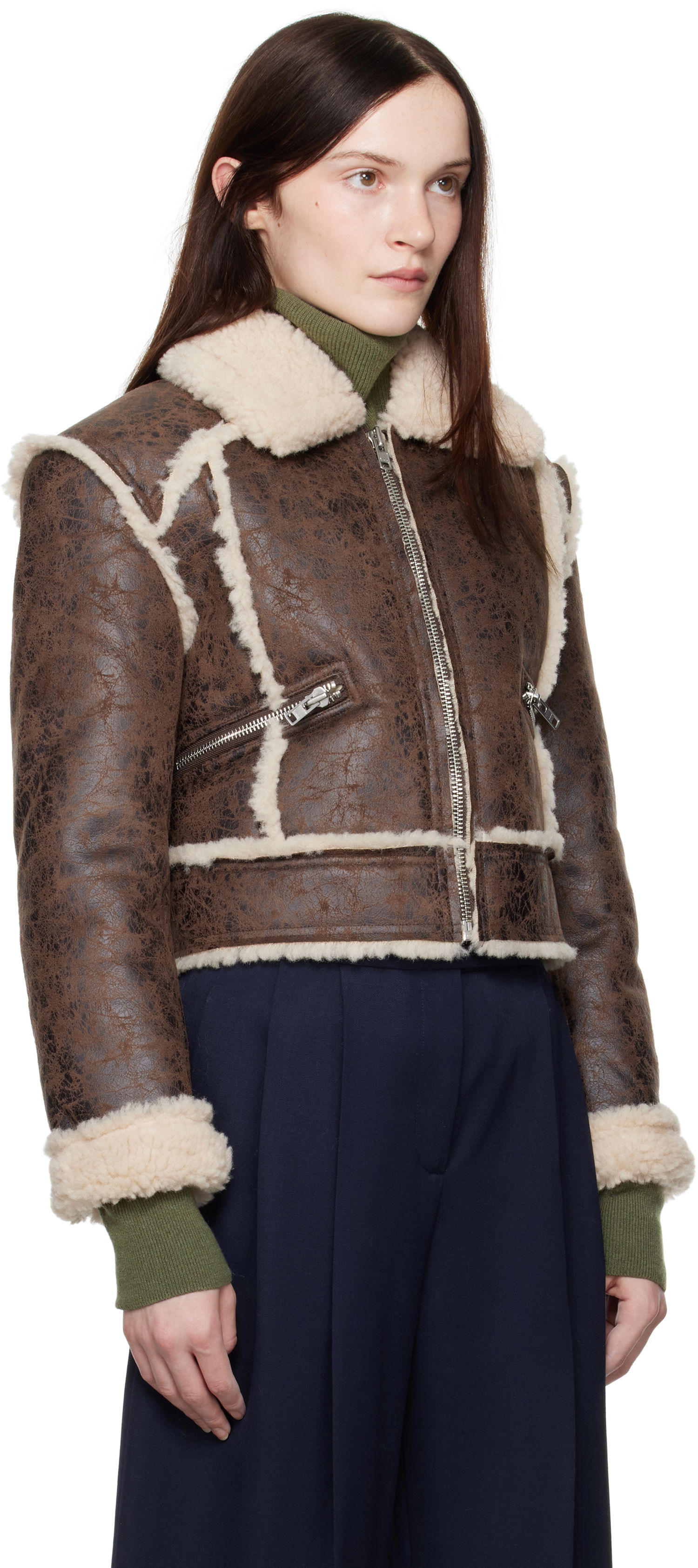 Bomber bunda STAND STUDIO Faux Leather and Sherpa Jacket Hnedá | 66402-9996, 1