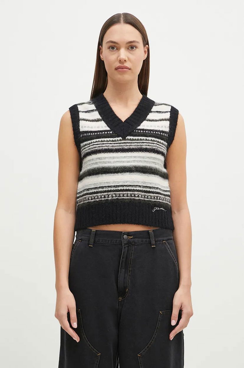 Sveter GANNI Wool Stripe Vest Čierna | K2327