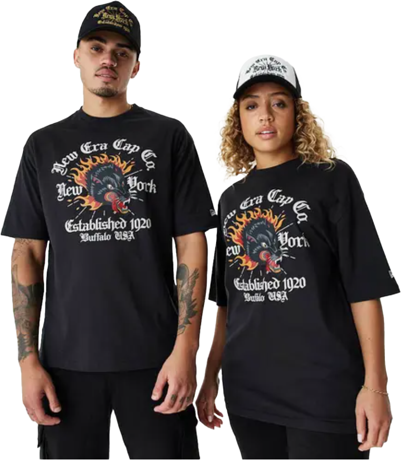 Tričko New Era Oversized T-Shirt with Wolf Head Graphic New York Established 1920 Buffalo USA Čierna | 60424485-60424485, 1