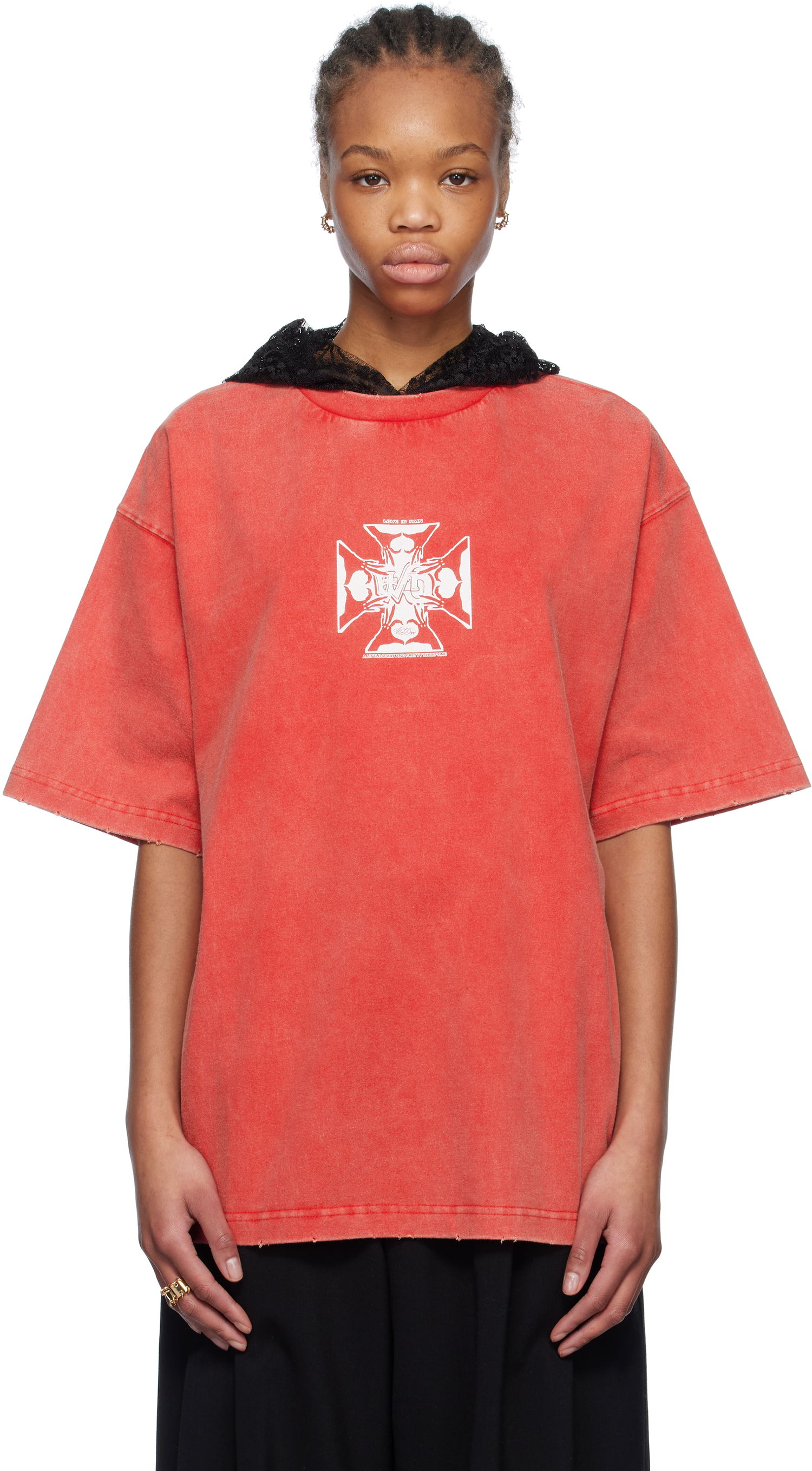Tričko We11done We11done Heart Cross Hooded T-Shirt Červená | WD-TH0-25-842-U-RD, 0