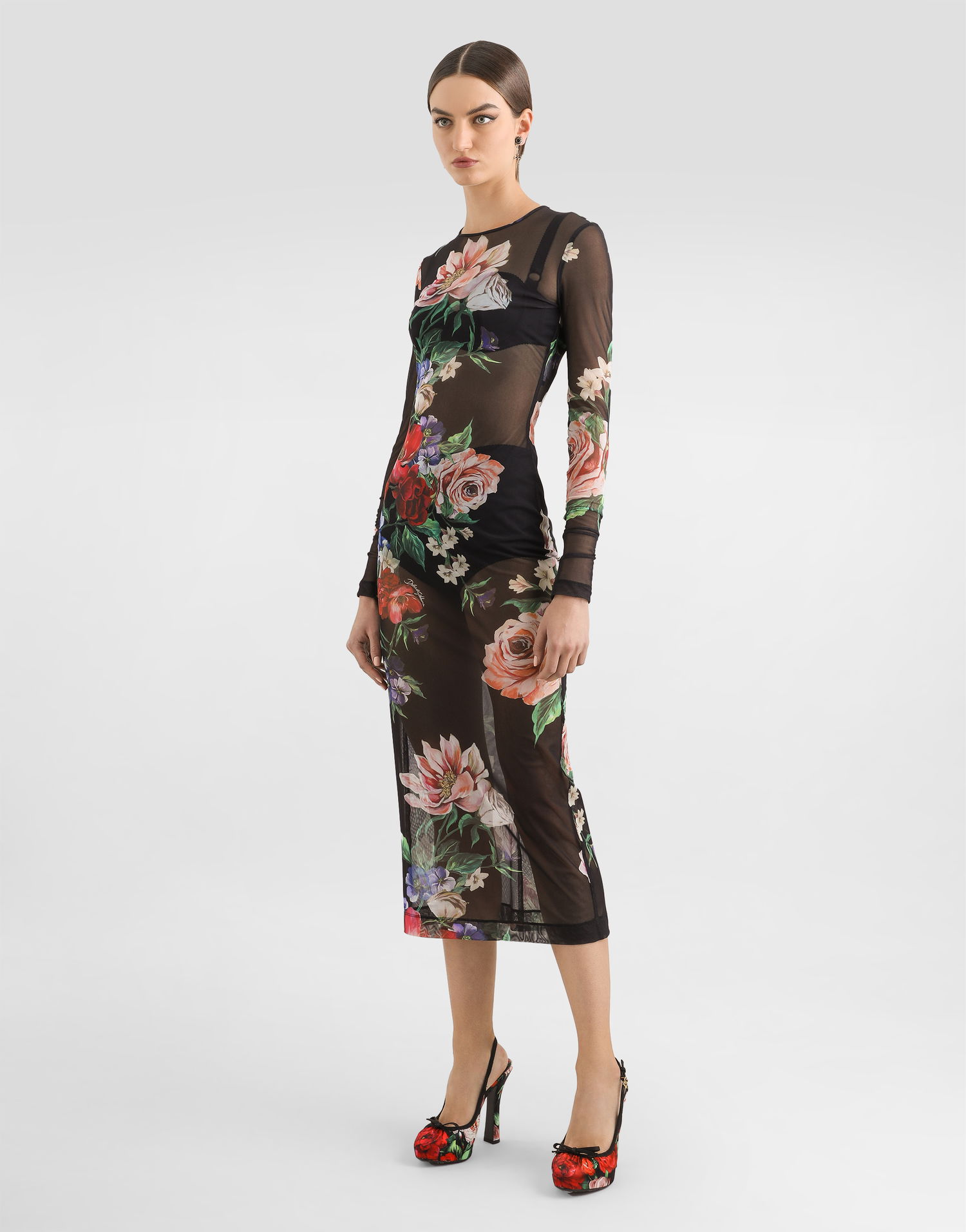Šaty Dolce & Gabbana Dolce & Gabbana Floral Print Tulle Calf-Length Dress Čierna | F6IAPTFSUBVHN5PR, 1