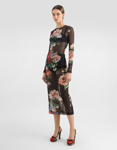 Šaty Dolce & Gabbana Dolce & Gabbana Floral Print Tulle Calf-Length Dress Čierna | F6IAPTFSUBVHN5PR, 1