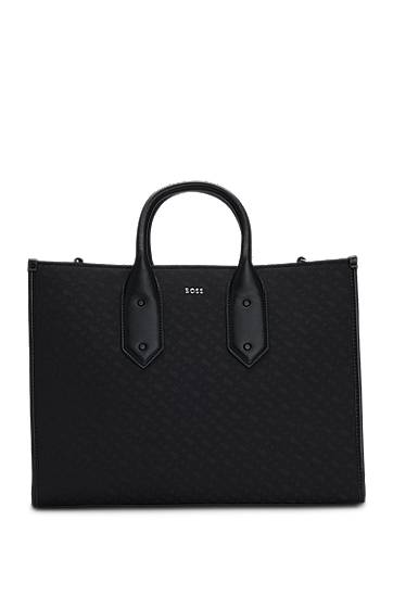 Tote bag BOSS BOSS Monogram-Twill Tote Bag with Faux-Leather Trims Čierna | 50535980