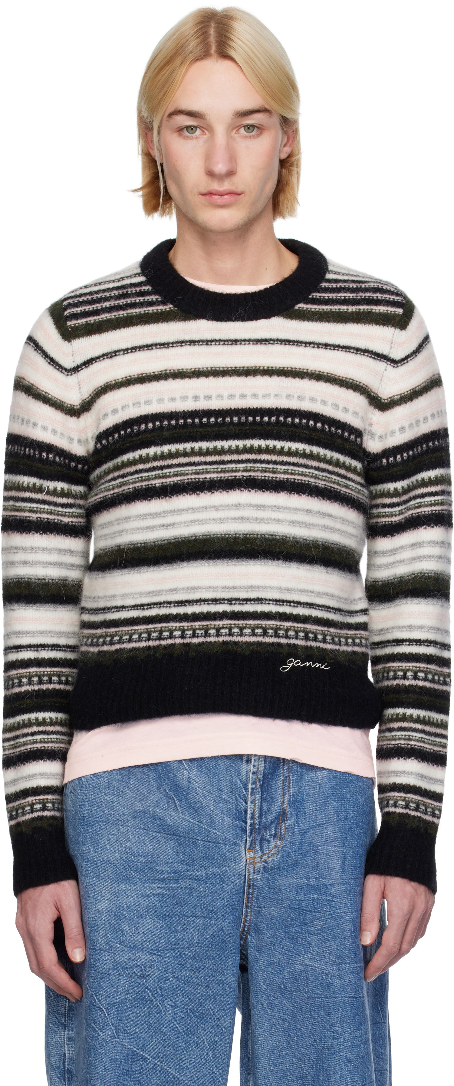 Sveter GANNI Striped Cropped Knit Sweater Čierna | K2391, 0