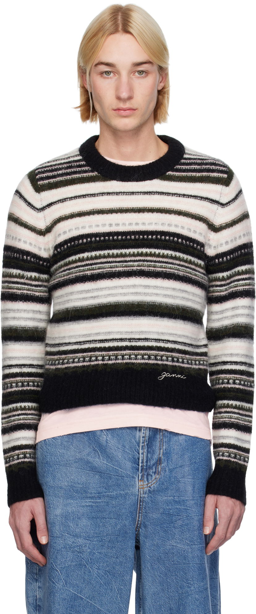 Sveter GANNI Striped Cropped Knit Sweater Čierna | K2391