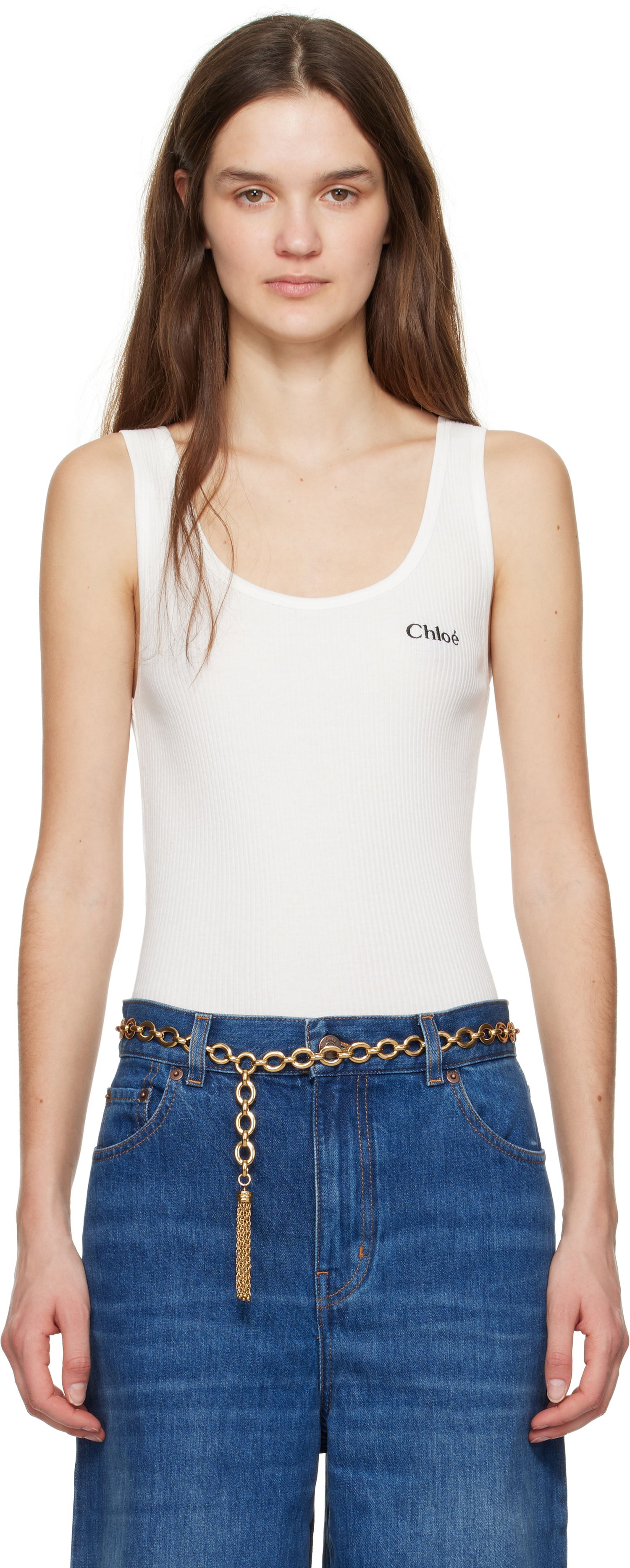 Opasok CHLOÉ Chloé Ribbed Logo Tank Top Metalická | CH25SJH12180, 0