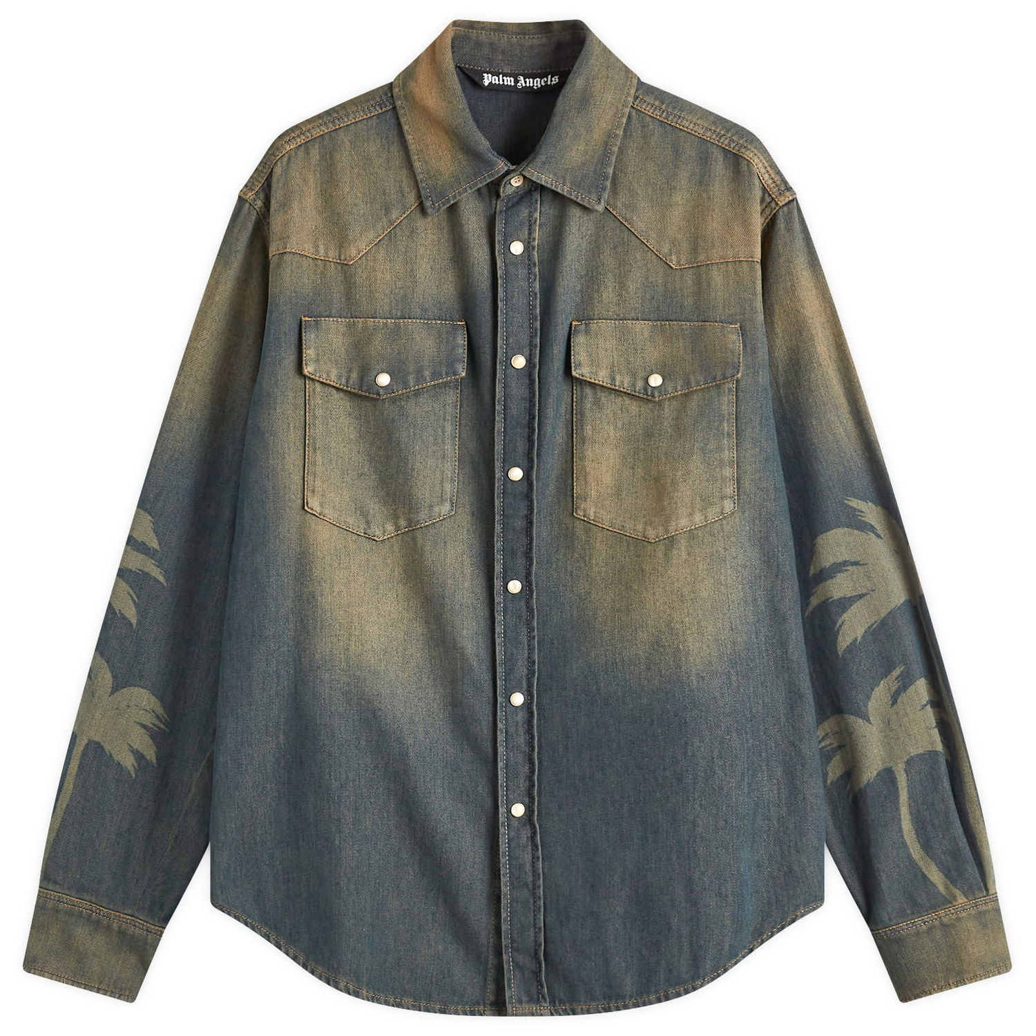 Košeľa Palm Angels Laser Palm Denim Shirt Modrá | PMYD019S25DEN0016009, 0