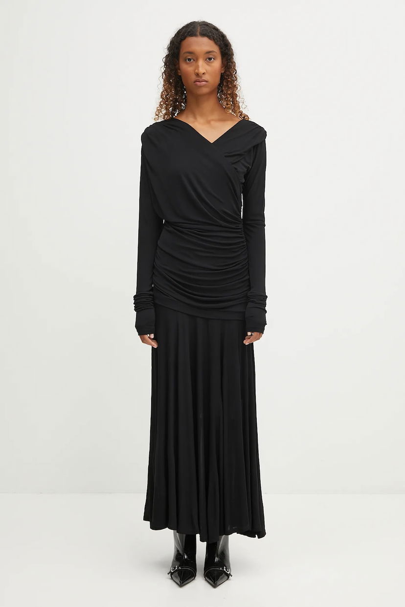Šaty GANNI GANNI Interlock Jersey Crossover Ruched Maxi Dress Čierna | T4213