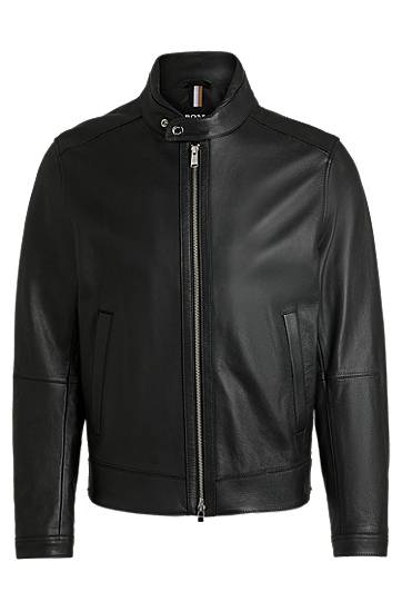 Bomber bunda BOSS Regular-Fit Grained Leather Jacket Čierna | 50518906, 0