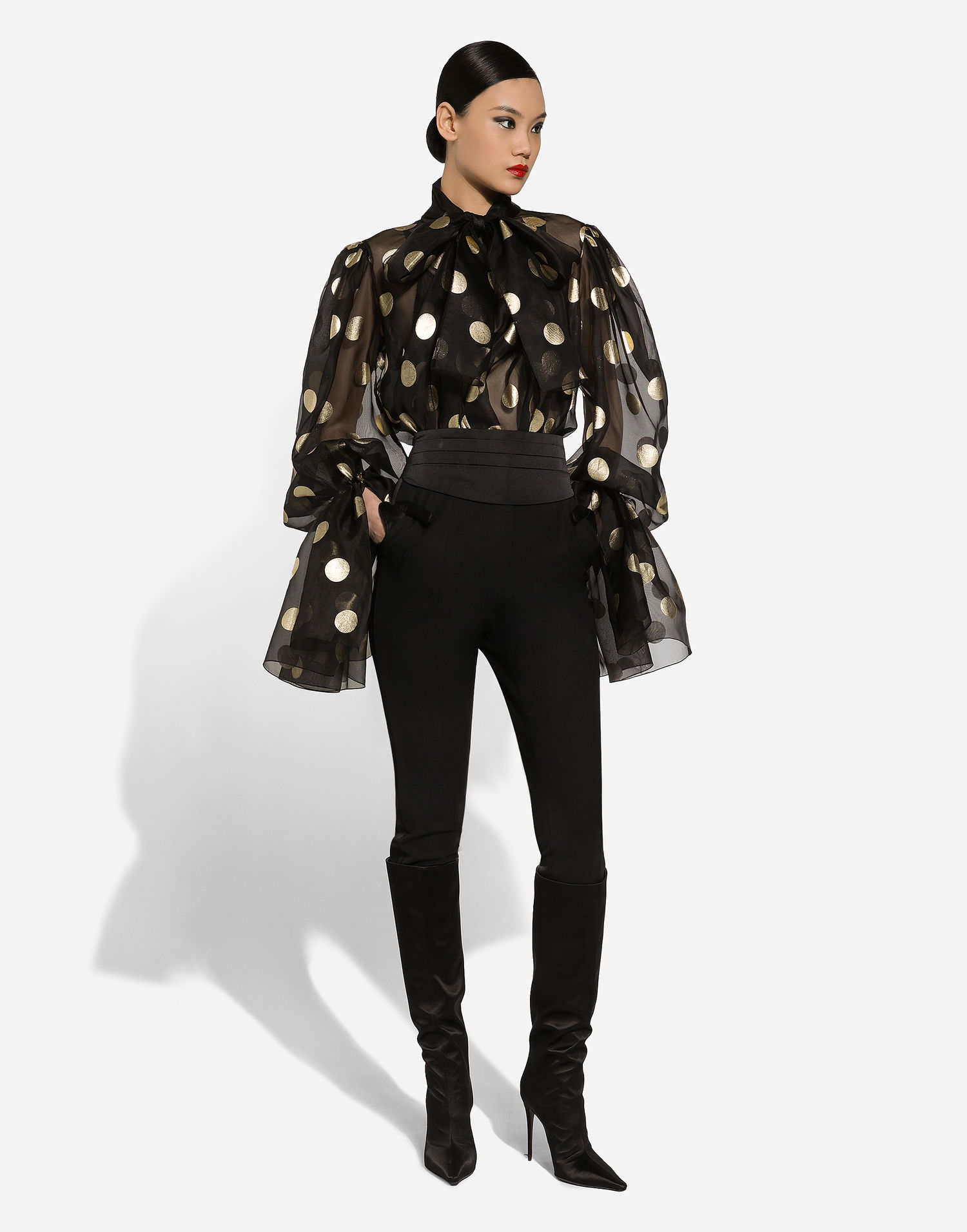 Košeľa Dolce & Gabbana Silk Organza Jacquard Blouse With Polka-dot Design And Pussy-bow Čierna | F7AI9THS100HNLM0, 1