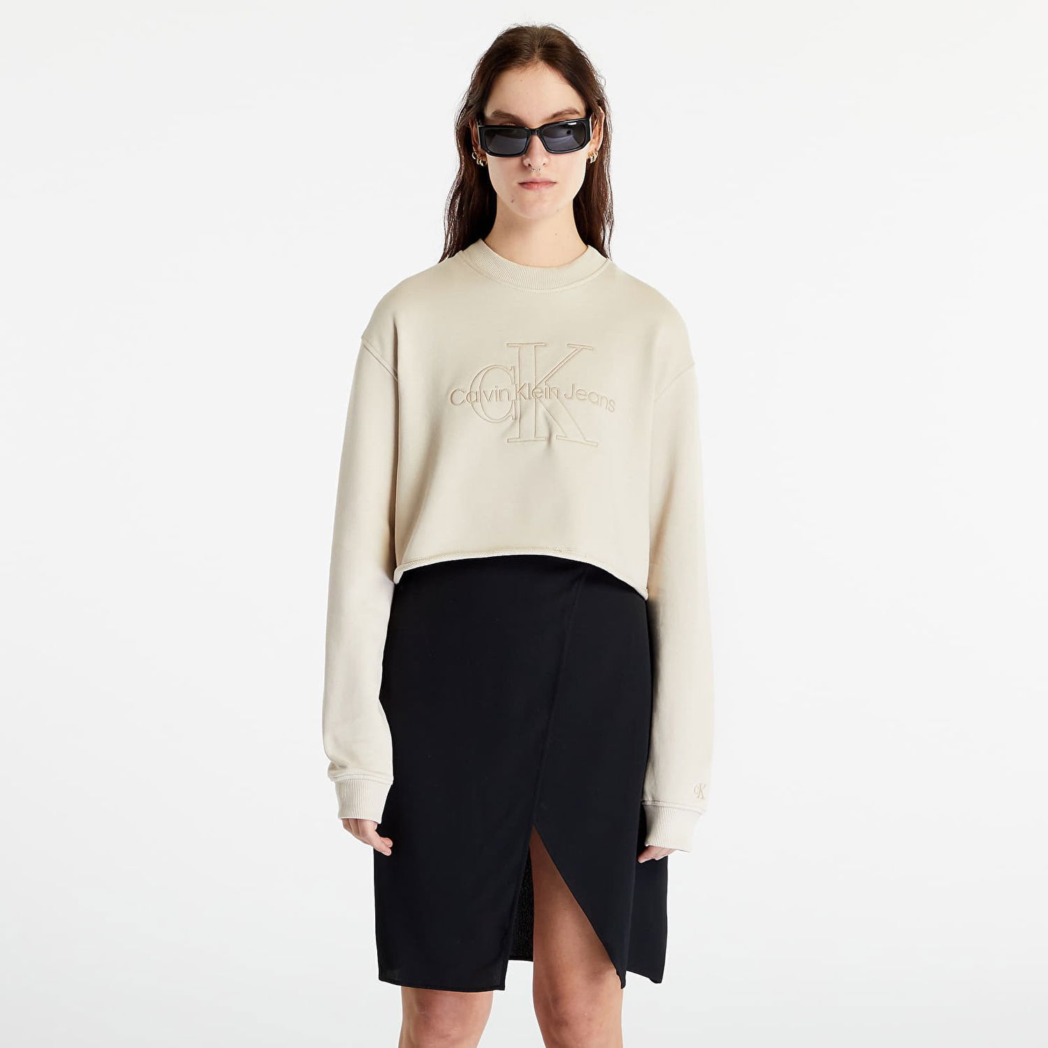 Mikina CALVIN KLEIN Cropped Embroidered Sweatshirt Béžová | J20J220696 ACI, 1