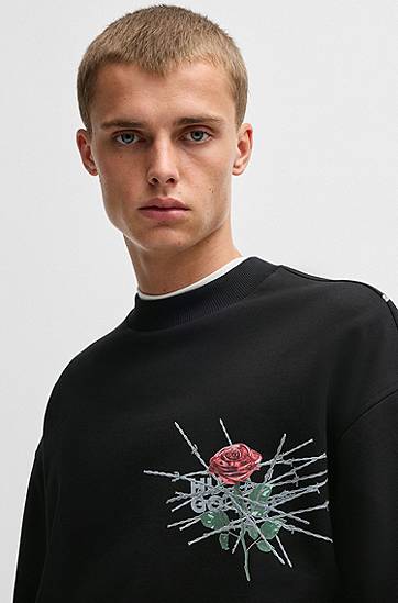 Sveter BOSS Relaxed-Fit Sweatshirt with Rose Graphic Čierna | 50532094, 1