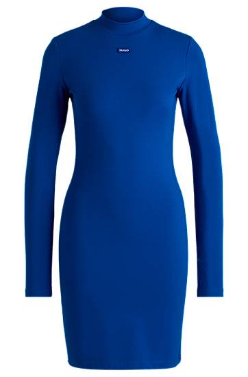 Šaty BOSS HUGO Bodycon Stretch Cotton Dress with Logo Badge Modrá | 50531138
