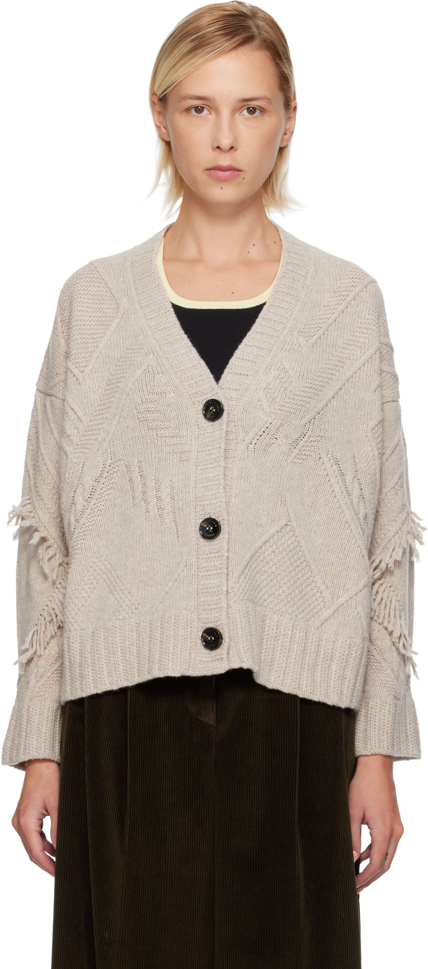 Sveter Max Mara Weekend Max Mara Stallo V-Neck Fringe Knit Cardigan Béžová | 2525346052600, 0