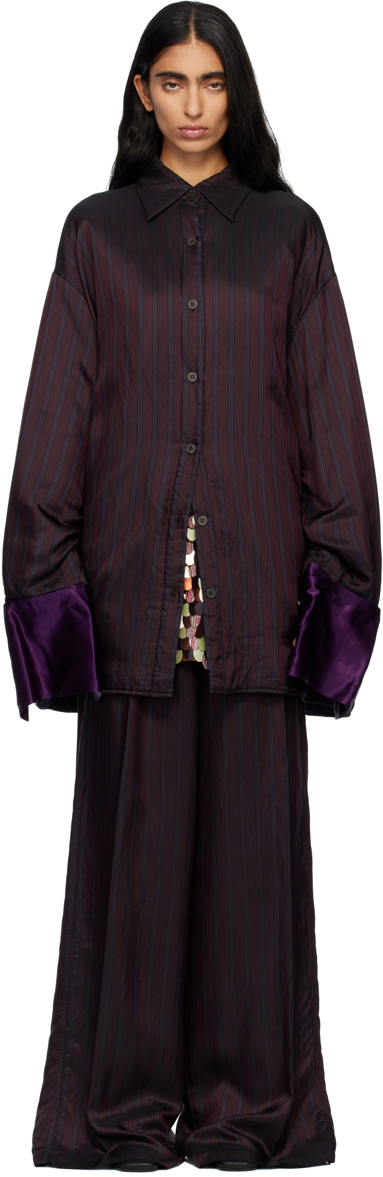 Bunda Dries Van Noten Dries Van Noten Oversized Striped Overshirt with Velvet Cuffs Vínová | 252-010770-2267, 0