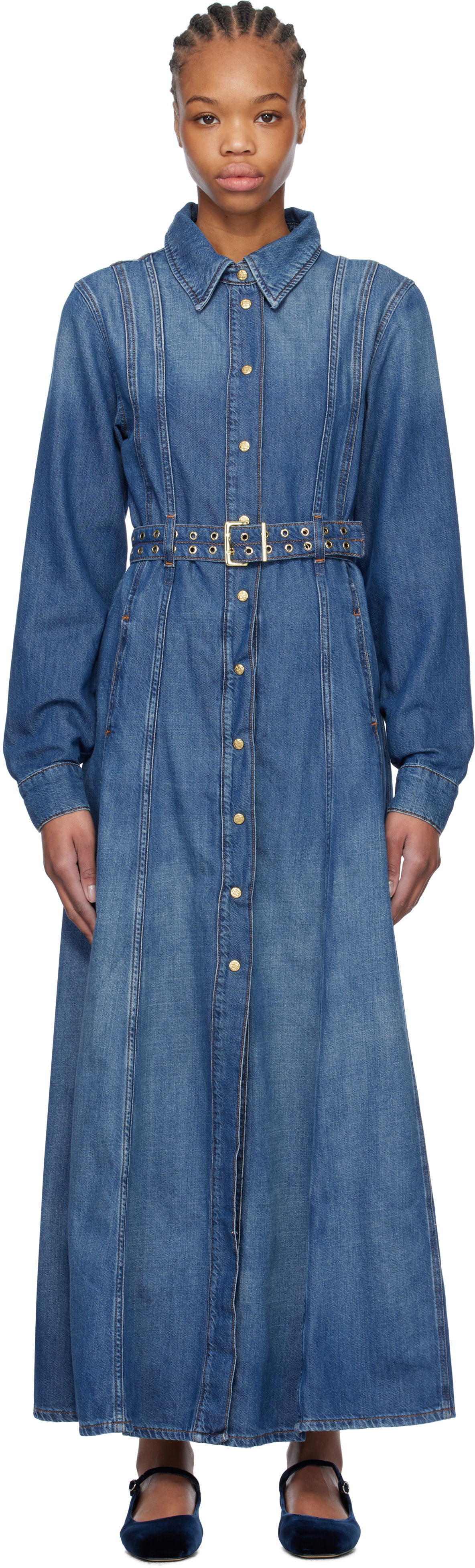 Šaty GANNI GANNI Belted Denim Maxi Dress Modrá | J1611, 0