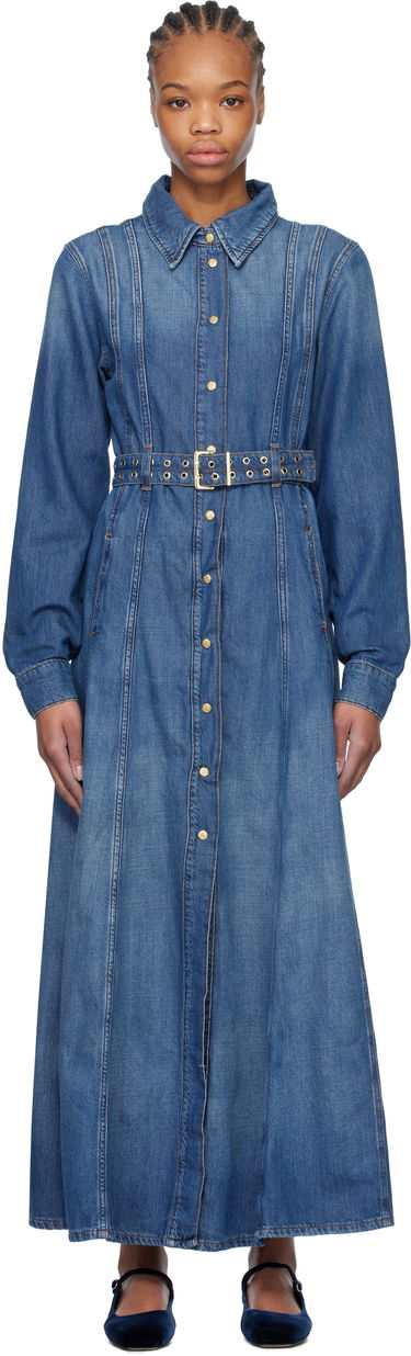 Šaty GANNI GANNI Belted Denim Maxi Dress Modrá | J1611, 0