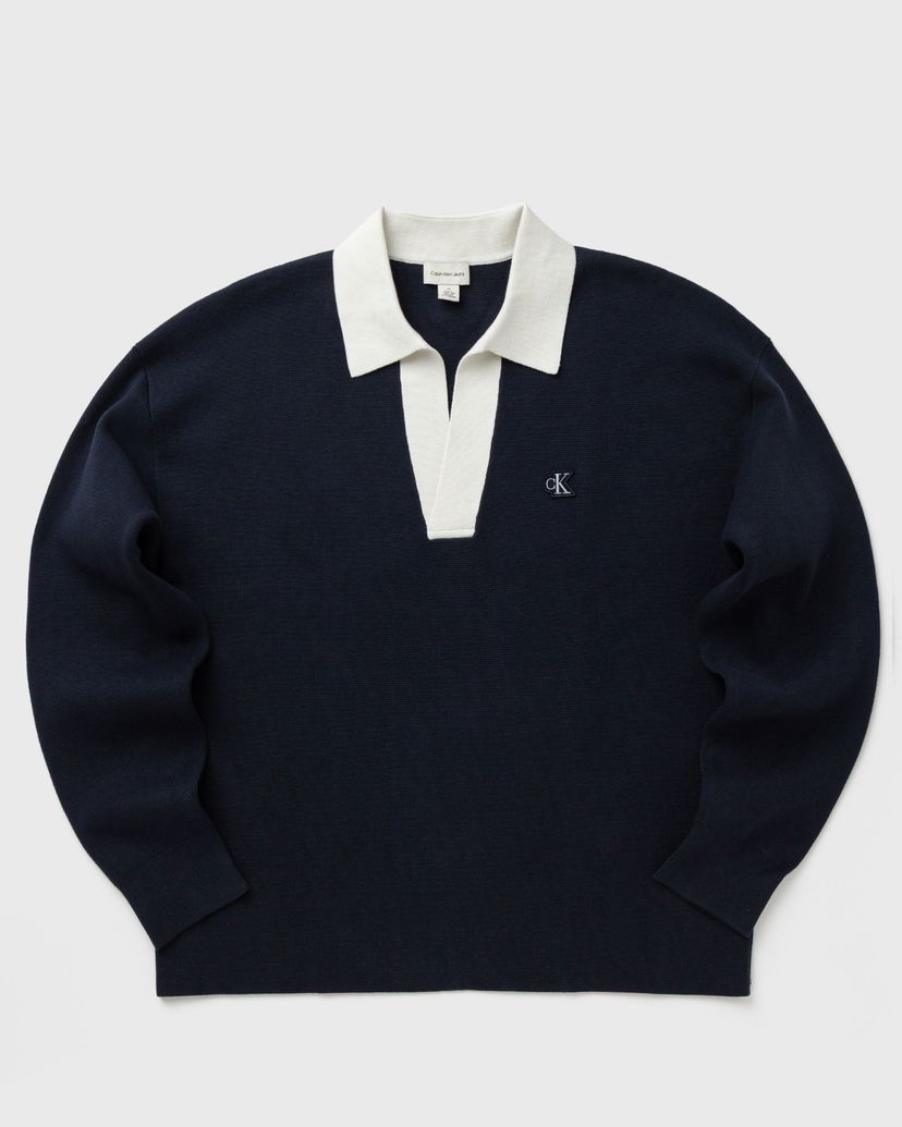Polo tričko CALVIN KLEIN Long Sleeve Solid Oversized Johnny Collar Knit Polo Shirt Navy | LV04RD303GCEF