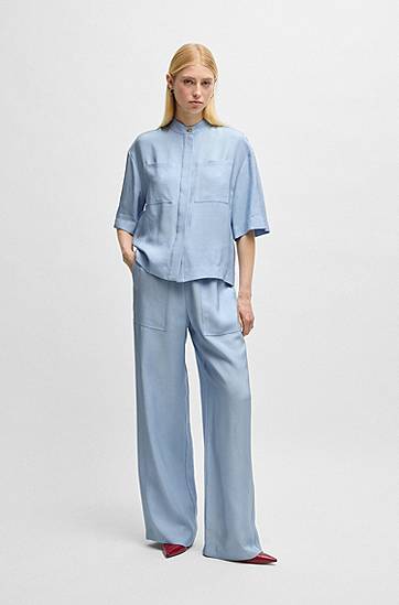 Nohavice BOSS Soft Twill Wide-Leg Drawcord Trousers Modrá | 50530552, 1