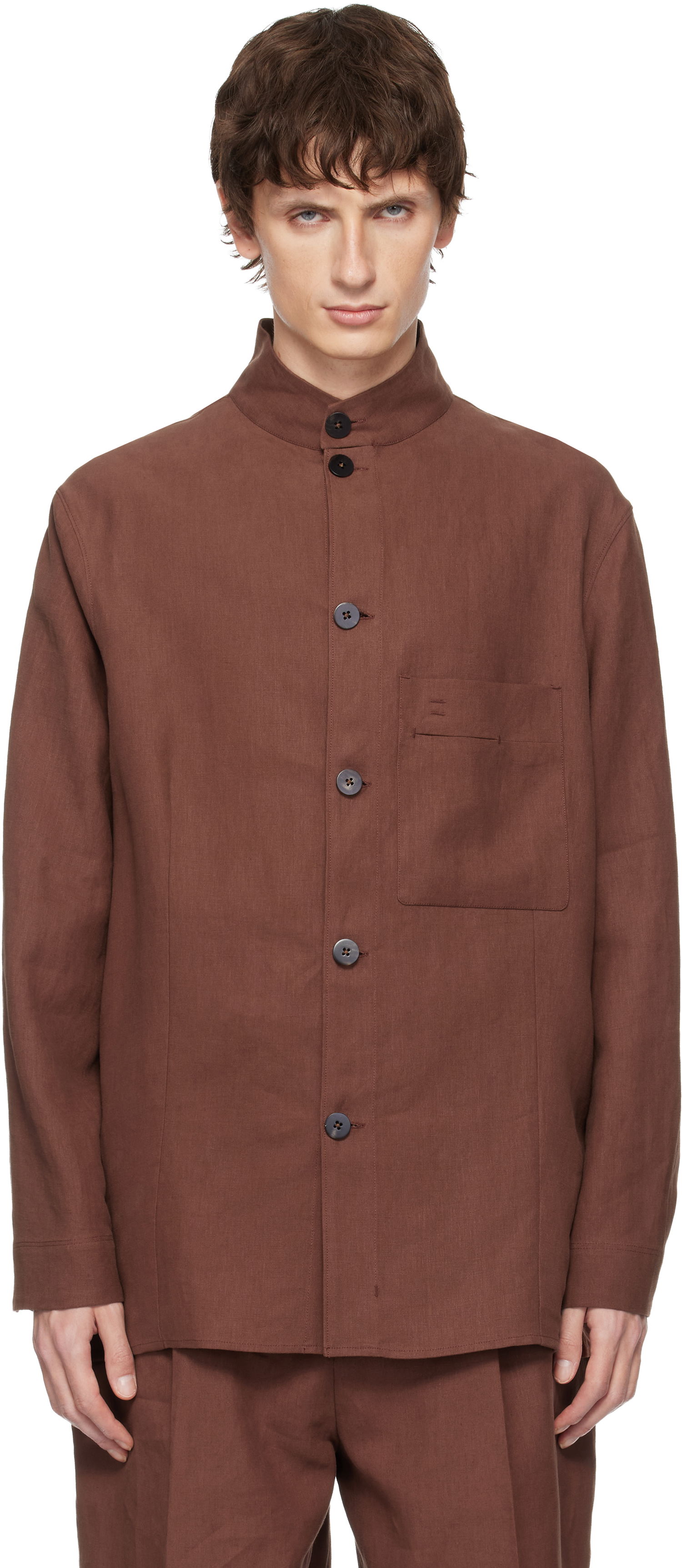 Bunda ZEGNA Standing Collar Button-Front Overshirt with Chest Pocket Hnedá | 973C58A9 SON95, 0