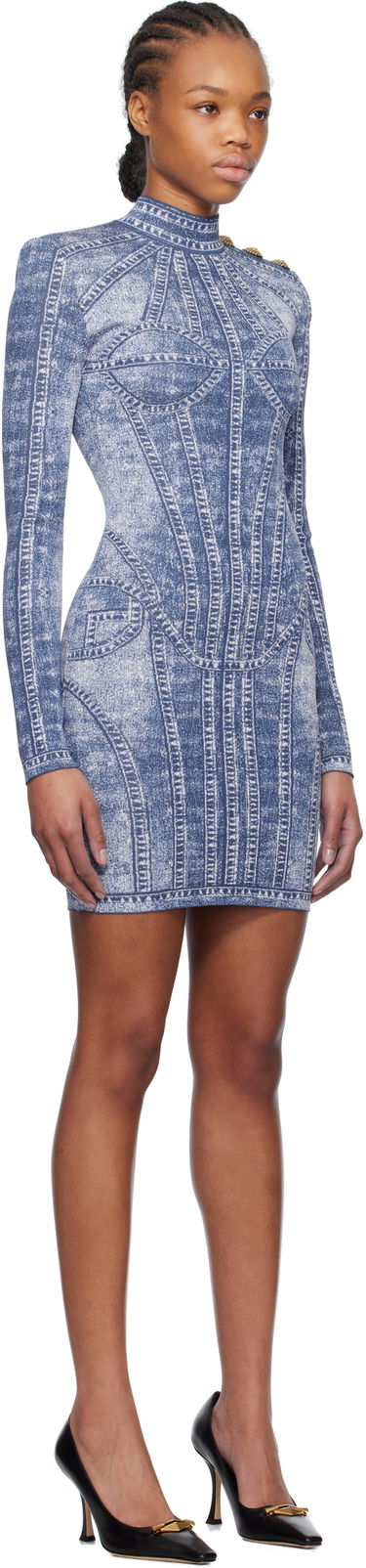 Šaty Balmain Balmain Jacquard Denim Effect Minidress Modrá | EF1R8237KH80, 1