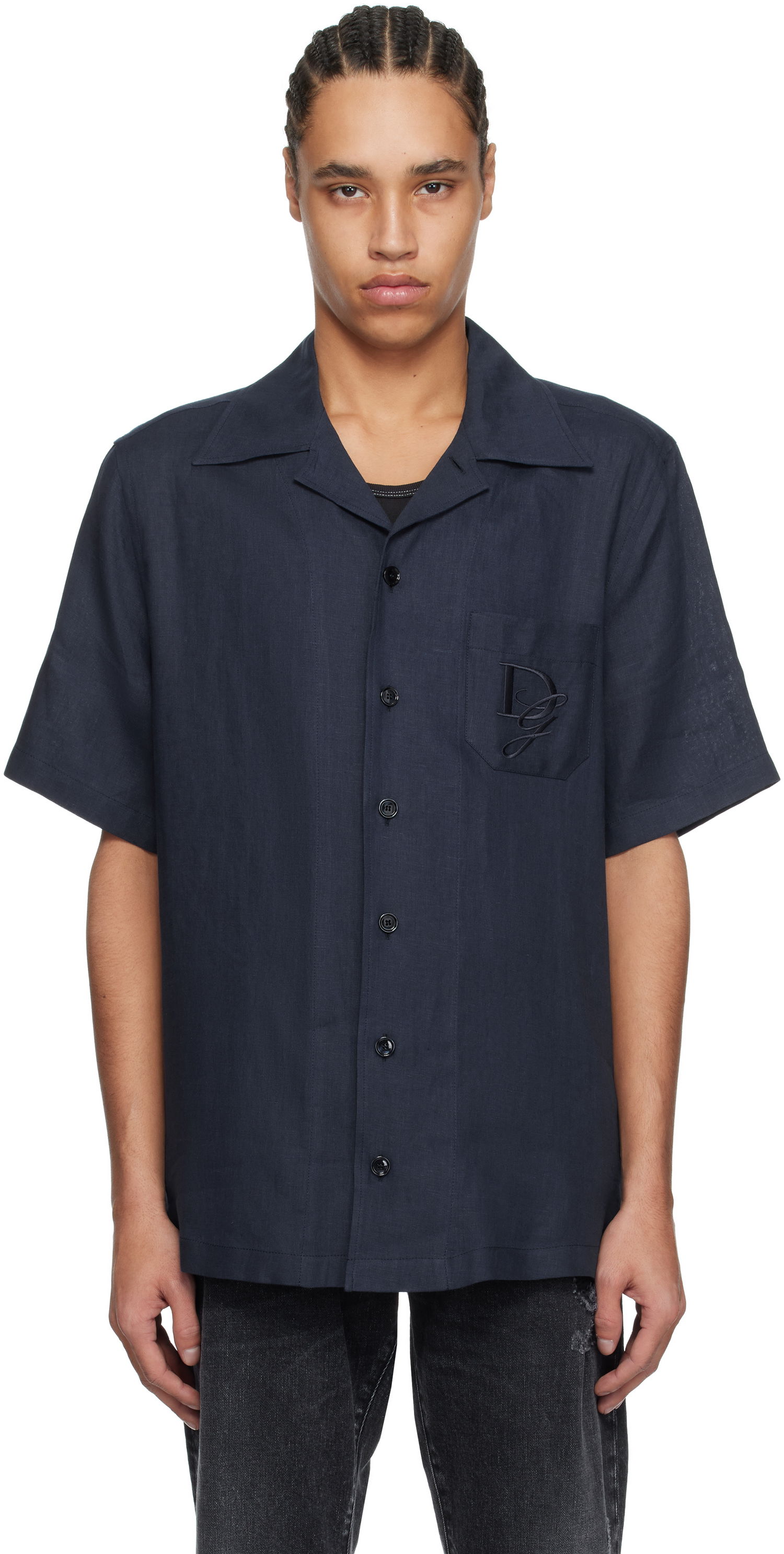 Košeľa Dolce & Gabbana Dolce&Gabbana Logo Embroidered Linen Resort Shirt Navy | G5JH9ZFU4LG, 0