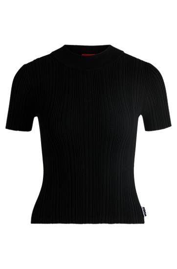 Sveter BOSS Ribbed Knit Mock Neck T-Shirt Čierna | 50514269, 0