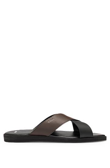 Doplnky BOSS Two-Tone Faux-Leather Slides Hnedá | 50541774, 1