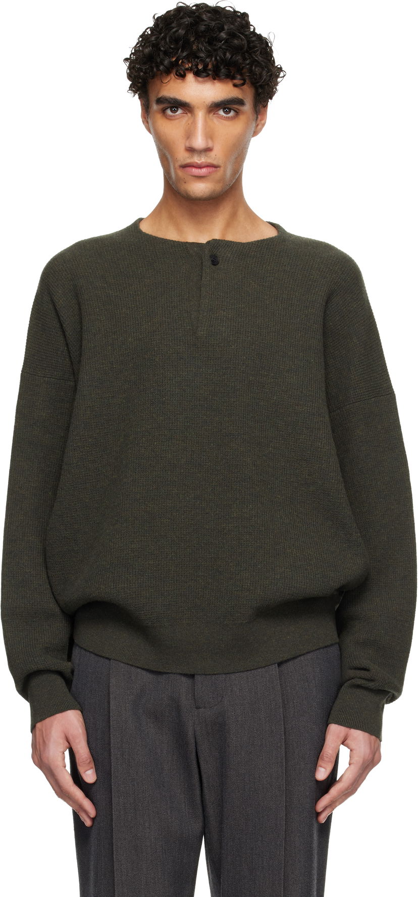Sveter Fear of God Long-Sleeve Textured Knit Henley Sweater Zelené | FG25FW20-204LAW-019
