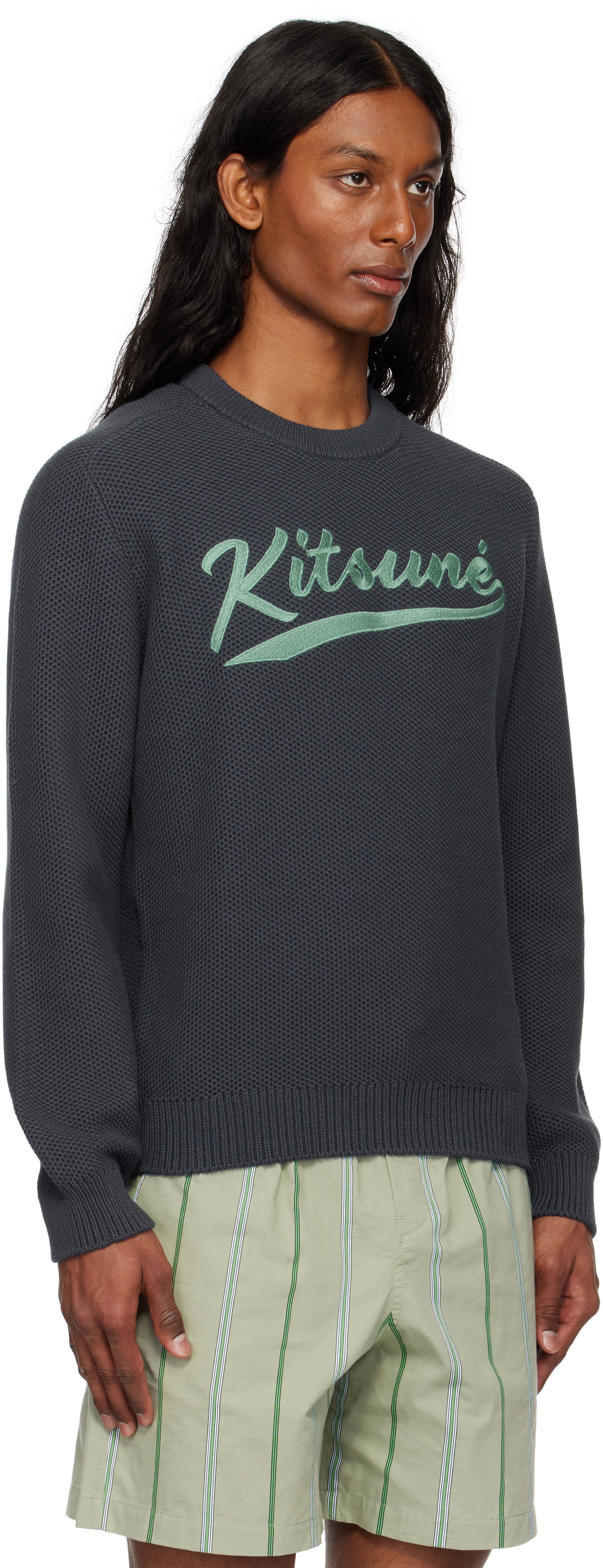 Sveter MAISON KITSUNÉ Kitsuné Varsity Embroidered Mesh Sweater Šedá | OM00808KT1137, 1