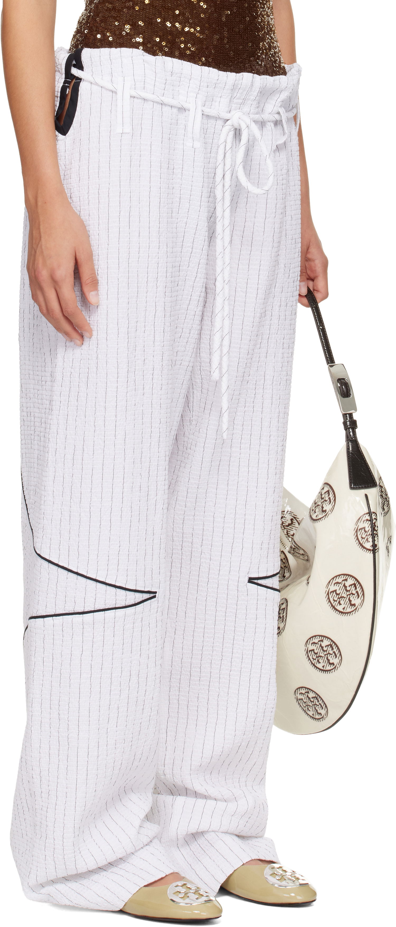 Nohavice Tory Burch SSENSE Exclusive Pinstripe Crinkled Cotton Drawstring Baggy Trousers Biela | 175600-008, 1