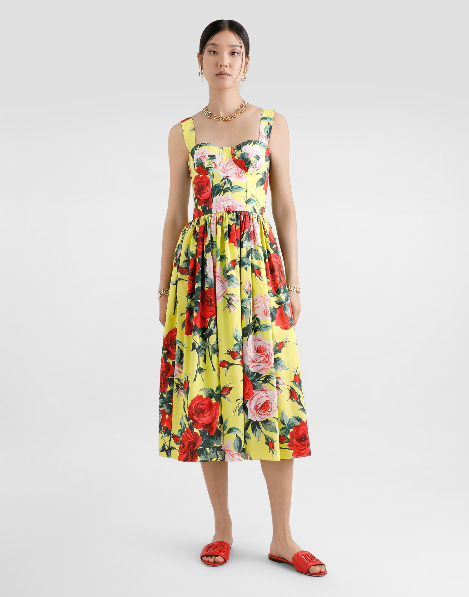 Šaty Dolce & Gabbana Dolce & Gabbana Rose Print Cotton Midi Sundress Žltá | F6ZT1THS5TFHG5JD, 1