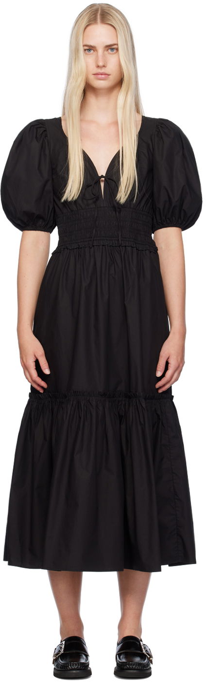 Šaty GANNI Shirred Puff Sleeve Maxi Dress Čierna | F9346, 0