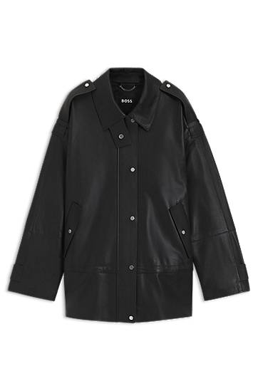 Bunda BOSS Long-length biker jacket in leather Čierna | 50544445