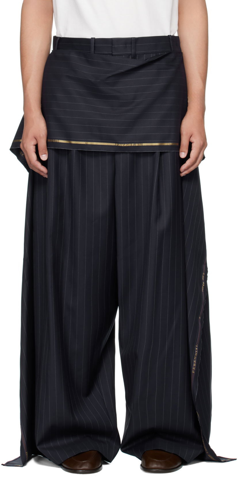 Nohavice HED MAYNER Hed Mayner Pinstriped Wide-Leg Wool Suiting Trousers Navy | HMMB30039A-HB217