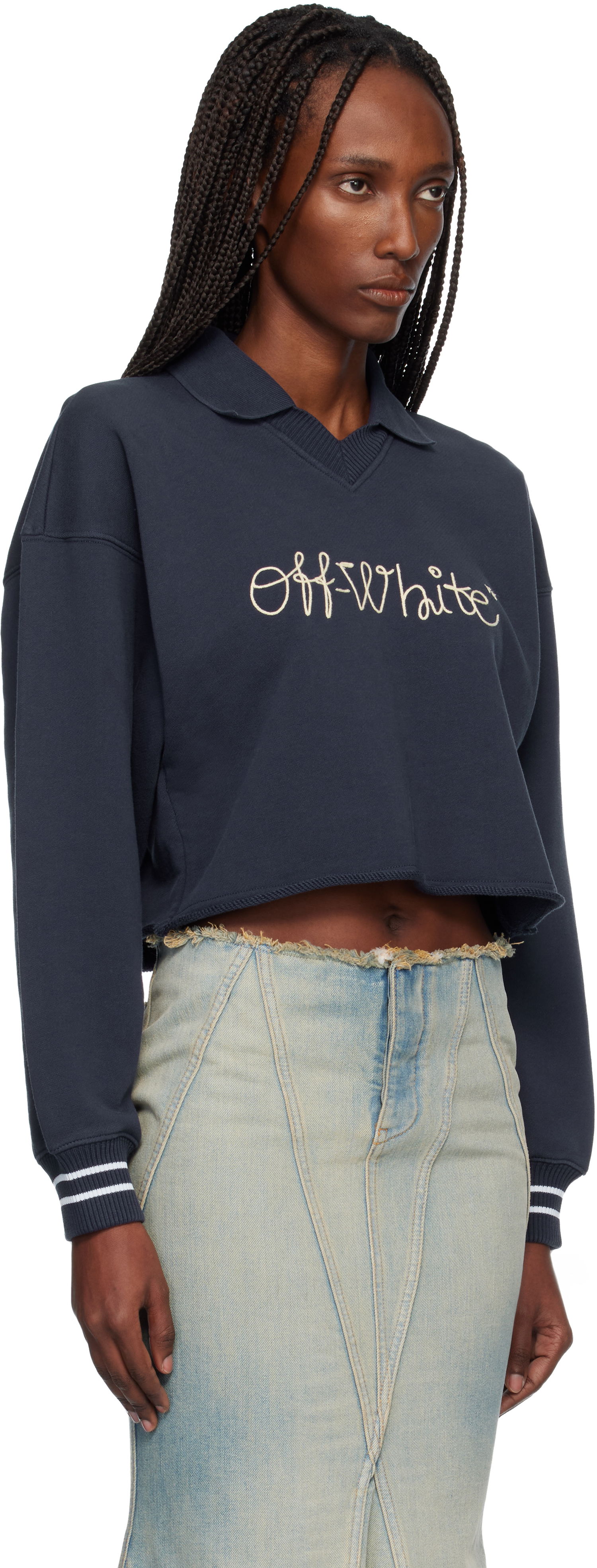 Sveter Off-White Embroidered Script Polo Sweater Navy | OWBA07BF25FLE0024C19, 1