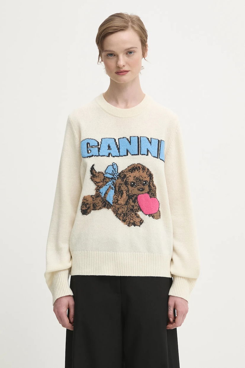 Sveter GANNI Wool Mix Graphic Fluffy Puppy Love Sweater Rôznofarebný | K2562