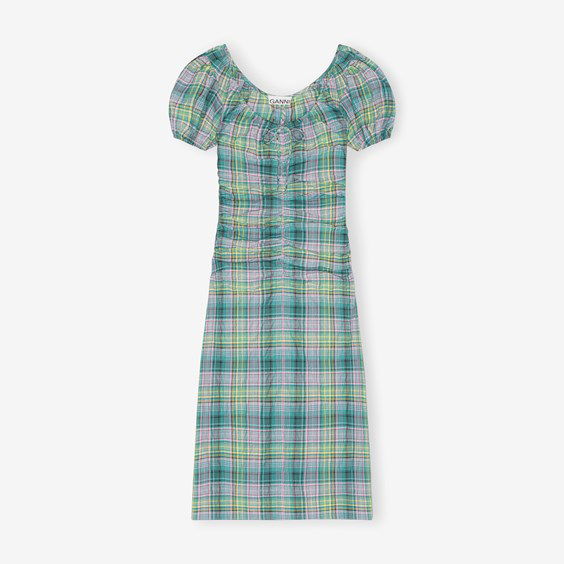Šaty GANNI Seersucker Check Gathered Dress Tyrkysová | F7654-759, 0