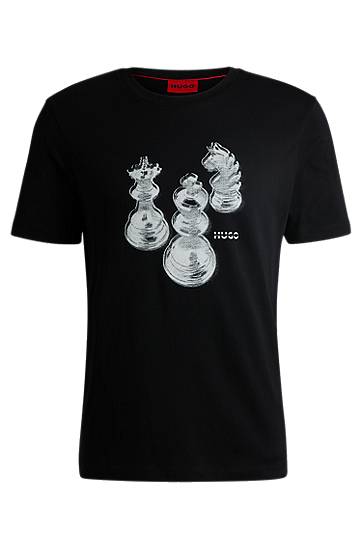 Tričko BOSS HUGO Cotton-Jersey T-Shirt with Chess Print Čierna | 50532918, 0